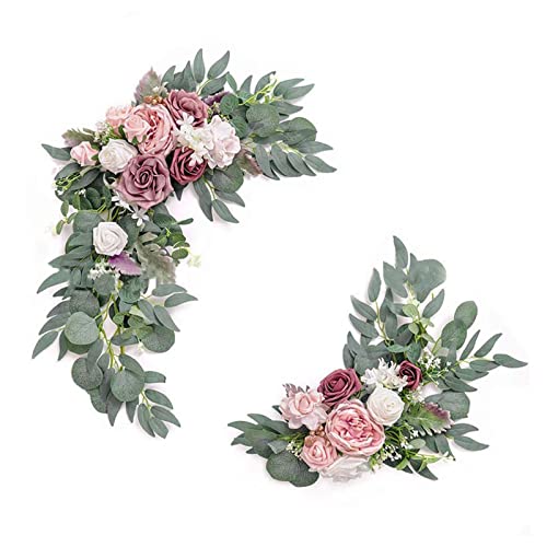 SLDHFE Künstliches Hochzeitsbogen-Blumen-Set, 2 Stück, Swag, dekorative Girlande mit Rosen-Pfingstrose, Eukalyptus-Blättern, Blumen Bändern, 19.7x7.9in,9.8x3.9 in von SLDHFE