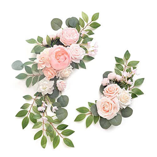 SLDHFE Künstliches Hochzeitsbogen-Blumen-Set, 2 Stück, künstliche Rosen-Blumen-Swag, dekorative Girlande mit Rosen-Pfingstrose, Eukalyptus-Blättern, künstliche Blumen-Girlande mit Bändern von SLDHFE