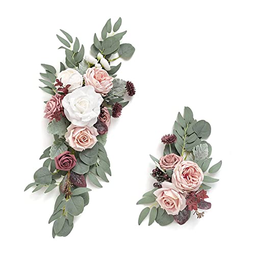 SLDHFE Künstliches Hochzeitsbogen-Blumen-Set, 2-teiliges künstliches Rosen-Blumen-Beutel, dekorative Girlande mit Rosen-Pfingstrose, Eukalyptusblättern, künstliche Blumen-Girlande mit Bändern von SLDHFE