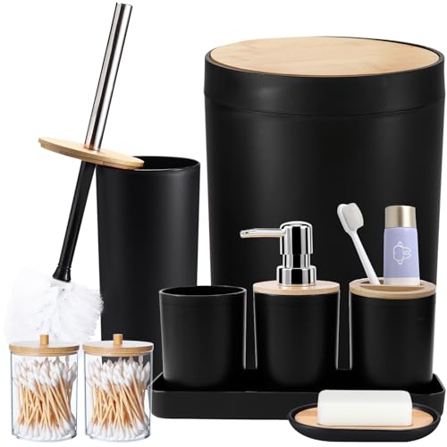 SLDIYWOW 8-teiliges schwarzes Badezimmer-Zubehör-Set, aus Kunststoff mit Lotionspender, Zahnbürstenhalter, Zahnbürstenbecher, Seifenschale, WC-Bürste, Mülleimer und Qtip-Halter (schwarz) von SLDIYWOW