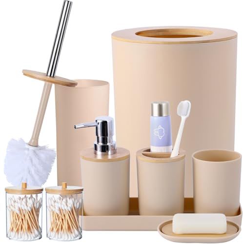 SLDIYWOW Badzubehör-Set, 9-teiliges Badzubehör mit Tablett, Mülleimer, Lotionsflaschen, Zahnbürstenhalter, Zahnbürstenbecher, Seifenschale, WC-Bürste und Q-Tip-Haltern für Badezimmer von SLDIYWOW