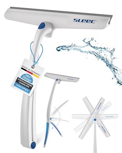 SLEEC Duschabzieher Cleanline 360 Grad drehbar, in Weiß/Blau Made in Germany, Hochwertiger Duschabzieher mit integrierter Aufhängung ideal für Bad und Dusche, Badabzieher und Scheibenabzieher von SLEEC