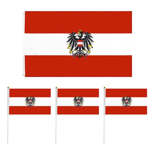 1 Österreichische Flagge mit 3 Kleinen Handgeschwenkten Österreichischen Flaggen, Österreichische Flagge mit Staatswappen, Österreichische Adlerflagge von SLEEKEE