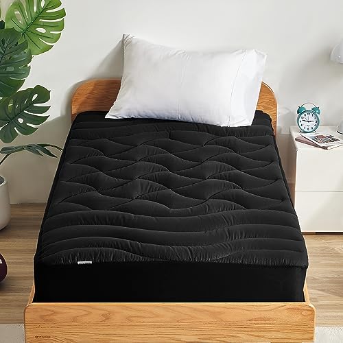 SLEEP ZONE Kühlende Doppel-Matratzenauflage für Einzelbett, Premium-Matratzenauflage, dick gepolsterter Matratzenschoner, atmungsaktiv, waschbar, Tiefe Tasche, 20,3–53,3 cm, Schwarz, Doppelbett von SLEEP ZONE