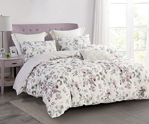 SLEEPBELLA Bettbezug, Queen-Size-Größe, Fadenzahl 600, Baumwolle, Rouge und graue Blumen, gedruckt auf cremefarbenem Weiß, Bettwäsche-Set 3-teilig (Queen, weißes Blumenmuster) von SLEEPBELLA