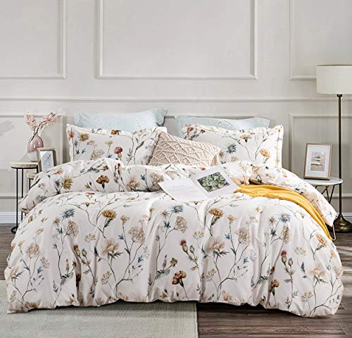 SLEEPBELLA Bettwäsche-Set für King-Size-Betten, Fadenzahl 600, Baumwolle, gelbe und Blaue Blumen, Bedruckt auf cremefarbenem Luxus-Bettwäsche-Set, 3-teilig (Kingsize, weißes Blumenmuster) von SLEEPBELLA