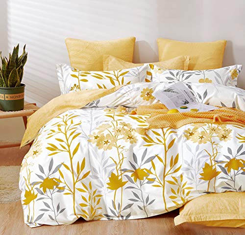 SLEEPBELLA Bettbezug für King-Size-Bett, Fadenzahl 600, Baumwolle, graue Zweige und gelbe Blume, wendbarer Bettdeckenbezug (Kingsize, weißes Blatt) von SLEEPBELLA