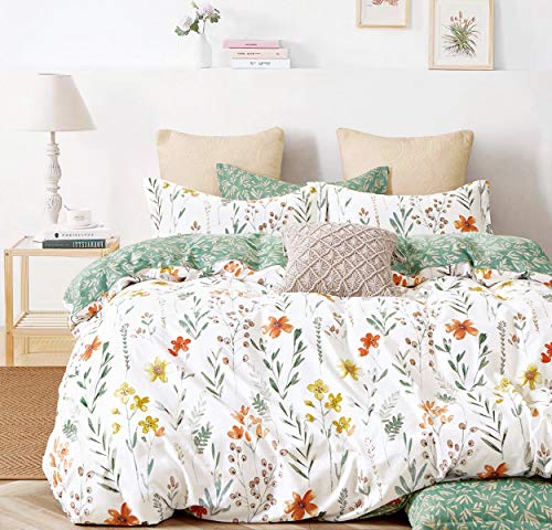 SLEEPBELLA Bettwäsche-Set für Kingsize-Bett, Fadenzahl 600, Baumwolle, 3-teilig, gelbe Blumen und grüne Zweige, gedruckt auf weißem, wendbarem Bettdeckenbezug von SLEEPBELLA