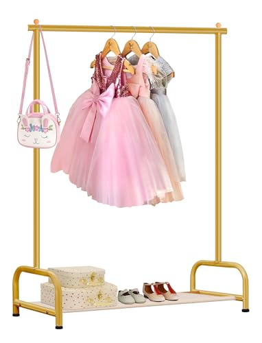 SLEEPING LAMB Baby-Kleiderständer, kleiner Kinder-Kleiderständer mit unterer Aufbewahrungsablage, Kinder-Kleiderbügel für Mäntel, Metall, Tanzkostüm, Kleiderständer zum Aufhängen von Kleidung, Gold von SLEEPING LAMB