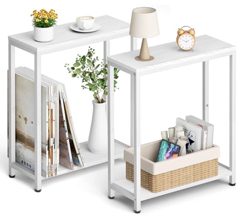 SLEEPING LAMB Schmale Beistelltische für Wohnzimmer, 2er-Set, kleiner Beistelltisch für kleinen Raum, 2-stöckig, schmal, schmal, Nachttisch für Schlafzimmer, Couch neben Nachttischen, Weiß von SLEEPING LAMB