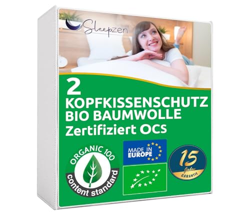 Kopfkissenschutz 60x60cm Biologischer Baumwolle Molton Zertifiziert OCS®, Nicht wasserdicht, 2er-Set kopfkissenschoner, Atmungsaktive und Saugfähige, Kopfkissenüberzug, kopfkissenschutz von SLEEPZEN