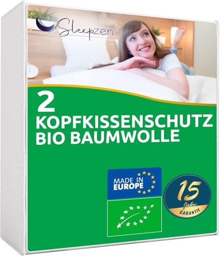 SLEEPZEN Kopfkissenschutz 50x75cm Biologischer Baumwolle Molton Zertifiziert OCS®, Nicht wasserdicht, 2er-Set kopfkissenschoner, Atmungsaktive und Saugfähige, Kopfkissenüberzug, kopfkissenschutz von SLEEPZEN