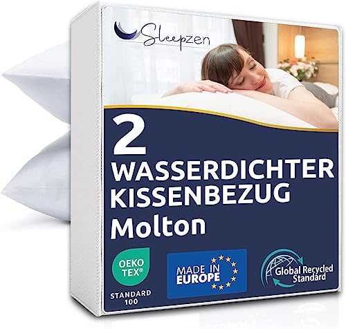 SLEEPZEN Wasserdichter Kissenbezug 50 x 70 cm, Kissenschoner mit Reiﬂverschluss, Made in EU Oeko-Tex® Zertifiziert Recycelte Baumwolle Molton GRS® Weiches, 2er Pack Zip, Anti-Milben & Bettwanzen von SLEEPZEN