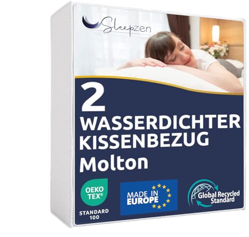 SLEEPZEN Wasserdichter Kissenbezug 60 x 60 cm, Kissenschoner mit Reiﬂverschluss, Made in EU Oeko-Tex® Zertifiziert Recycelte Baumwolle Molton GRS® Weiches, 2er Pack Zip, Anti-Milben & Bettwanzen von SLEEPZEN