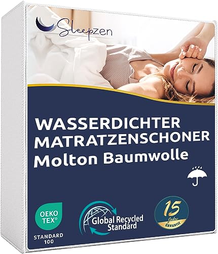 Molton Matratzenauflage 160 x 200 cm - Wasserdichter Matratzenschoner - Matrazenschutzbezug - Zertifiziertes Oeko-TEX® - Baumwolloberfläche, Antibakteriell, Schimmelhemmend, Antiallergisch von SLEEPZEN