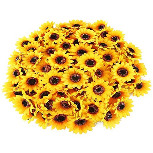 SLFYEE 100 pcs Künstliche Sonnenblumen Köpfe 4cm Seide Blumenköpfe Künstlich Blumenkopf Klein Sonnenblumen Kunstblumen Deko für Hochzeit Party Tischdeko DIY Basteln Kleidung Dekoration von SLFYEE