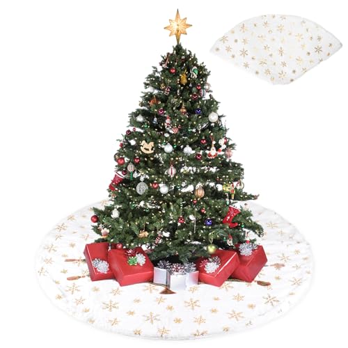 SLFYEE 120CM Weihnachtsbaum Decke Groß Christbaumständer Teppich Weiß Schnee Deko Christbaumdecke Rund für Weihnachtsbaum Dekoration Gold von SLFYEE