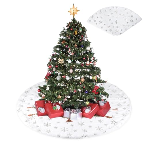 SLFYEE 120CM Weihnachtsbaum Decke Groß Christbaumständer Teppich Weiß Schnee Deko Christbaumdecke Rund für Weihnachtsbaum Dekoration Silber von SLFYEE