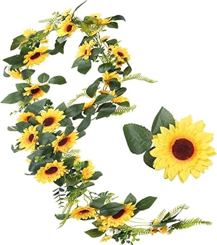 SLFYEE Künstliche Hängepflanzen Sonnenblumen Hängend Girlande Kunstblumen Sonnenblumen Deko Hängend Reben für Fahrrad Hochzeit Party Garten Balkon Deko 1.9M von SLFYEE