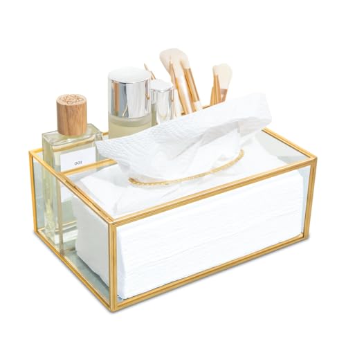 SLHEQING Kosmetiktücher Box Glas Taschentuchbox Beauty Couchtisch Organizer mit 4 Fächer, in denen Telefon, Fernbedienung, Gold Tissue Box Cover von SLHEQING