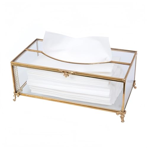 SLHEQING Kosmetiktücher Box Gold Taschentuchbox Rechteckiger Komestikbox Tissuebox aus Glas und Metall Kosmetiktücherbox für Kommode Badezimmer Dekor (Gold - B), H-01, 23 x13 x 10 cm von SLHEQING