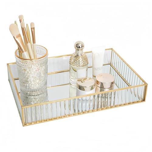 SLHEQING Vintage Spiegeltablett Gold, Dekoratives Tablett Glastablett Rechteckig Organizer Tray Kosmetik Schmuck als Schminktisch Aufbewahrung (20 x 14 x 3.5 cm) von SLHEQING