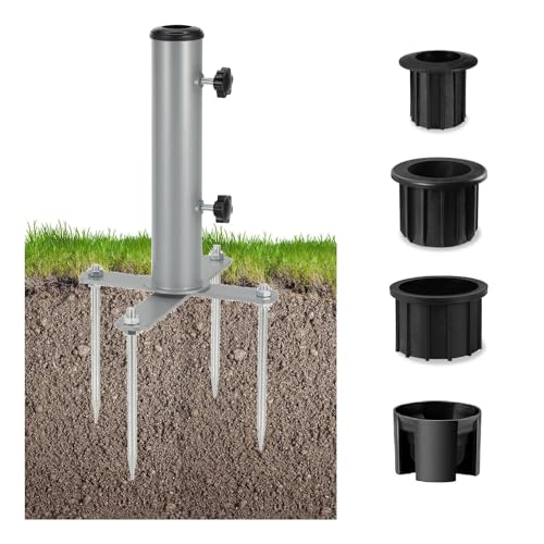 Sonnenschirm Rasendorn, Sonnenschirm Erdspiess, Sonnenschirm Spieß, Sonnenschirm Erdspieß, Spiess, Rasen Schirmständer, Garten Wiese Sonnenschirmständer mit 3 TLG Reduzierring(48/38/32mm), Silber von SLIIMU