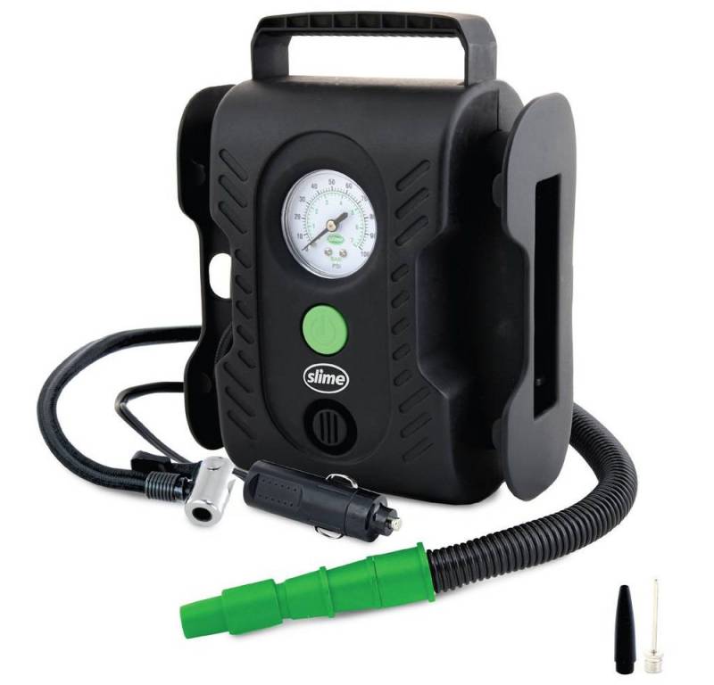SLIME Kompressor Mehrzweck-Kompressor, 12 V Adapter zum Betrieb per Kabel, Analoges Manometer, mit Arbeitslam von SLIME