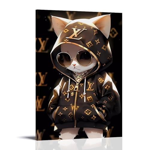 SLKJYX Graffiti Poster Weiße Katze mit goldener Sonnenbrille und Jacke Louis Vuitton Poster Modern Wanddeko Wanddeko 50x75cm von SLKJYX