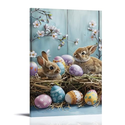 SLKJYX Osterposter mit zwei niedlichen Hasen, die vor mehreren Eiern sitzen, Wandkunst, dekoratives Gemälde, Wandbild, moderne Dekoration, hängendes Kunstposter, 40 x 60 cm von SLKJYX