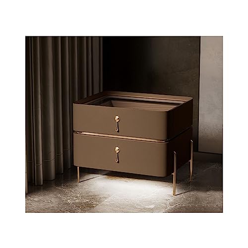 SLOKFV5 Bedside Table Moderner Nachttisch mit intelligentem Sensorlicht und transparenter Tischplatte aus gehärtetem Glas, Nachttisch aus Leder, 2 Schubladen für Schlafzimmer Nachtschrank von SLOKFV5