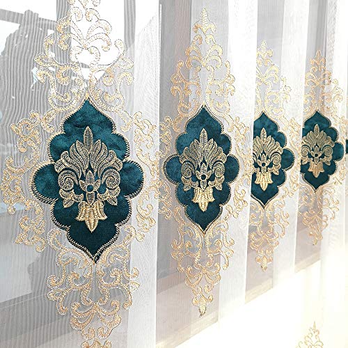 SLOW SOUL 2er Set Europäischer Luxusvorhang Samt bestickter Tüll für Wohnzimmer Küche Schlafzimmer Gardine mit Stangentasche Blaugrün 127 x 183 cm (B x H) von SLOW SOUL