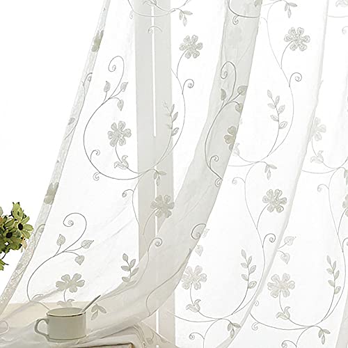 SLOW SOUL 2er Set Weiß Gestickte Blumen Gardinen Für Schlafzimmer Wohn-Esszimmer Landhaus Gardinen Mit Stabtasche 132 x 213 cm (B x H) von SLOW SOUL