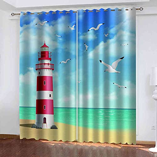 SLOYCA Vorhang Blickdicht Gardinen mit Ösen für Wohnzimmer, 180x180cm Strand roter Leuchtturm, 260g/m2 Schwere Verdunklungsvorhänge Thermovorhang lichtdicht für Schlafzimmer Kinderzimmer von SLOYCA