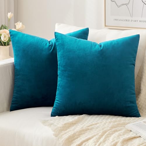Slozzi 2er Set Samt Kissenbezüge Haushalt Dekokissen Dekorative Kissenhülle Weich Sofakissen für Sofa Schlafzimmer Wohnzimmer 50x50 cm Blau von Slozzi