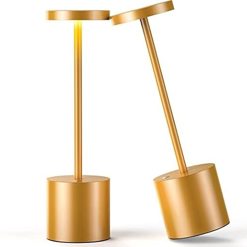 SLSMD Tischlampe Kabellos, 5000mAh Metall Aluminium Dimmbar LED Akku Tischleuchte,Tragbar USB Aufladbar Nachttischlampe, Geeignet für Indoor Outdoor Esszimmer Bar Terrasse (2 Gold) von SLSMD