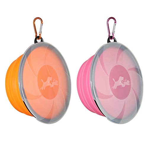 SLSON 2 Stück Hundenäpfe Faltbare Reiseschale, auslaufsichere Hundenapf mit Deckel und Haken Tragbare Silikon Trinkschale für Katzen,Hunde Wanderungen and Camping (1000ML, Orange und Pink) von SLSON