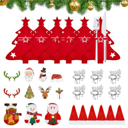 SLTAXAR 45PCS Weihnachten Besteckhalter Weihnachtsbaum Bestecktasche Filz Bestecktasche Besteckbeutel Weihnachtsdeko Tischdeko serviettenringe Silber Serviettenschnallen Weinglas Marker Weihnachten von SLTAXAR