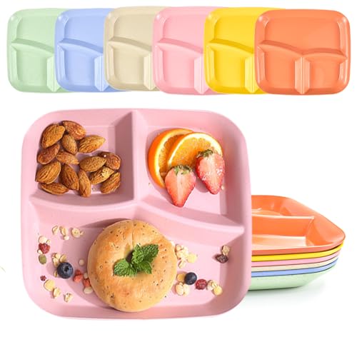 SLTAXAR 6 Stück Teller Unterteilt Plastik 3 Geteilte Teller 25*22.5cm Teller mit Unterteilung Erwachsene Geteilte Speiseteller Sets Snack Teller mit Fächern Plastikteller Teller für Portionskontrolle von SLTAXAR