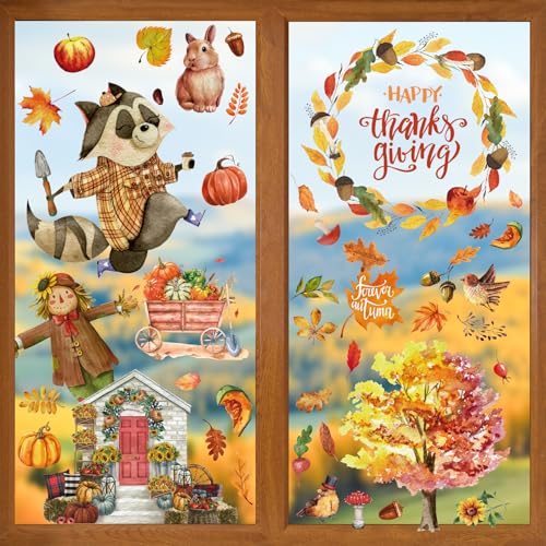 SLWOO 90 Stück Fensterbilder Herbst - Ahornblatt Kleintiere Herbstdeko Fenstersticker Selbstklebend, Kürbis Fensterdeko Herbst Aufkleber für Kinder Thanksgiving Tür Fenster Dekorations von SLWOO