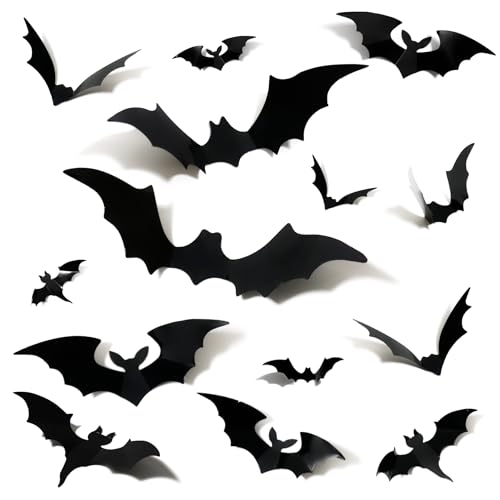 SLWOO Halloween Deko - 96 Stück Halloween 3D Fledermaus Fensterbilder Selbstklebend, 8 Größen, Wasserdicht, PVC, Horror Fensterdeko Aufkleber für Zimmer Spukhaus DIY Party Dekorations von SLWOO