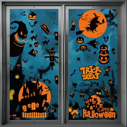 SLWOO Halloween Deko - 98 Stück Halloween Fensterbilder Selbstklebend, Kürbis Spinnennetz Fledermaus Fenstersticker, Horror Skelett Geister Fensterdeko Aufkleber für Zimmer Spukhaus Party Dekorations von SLWOO