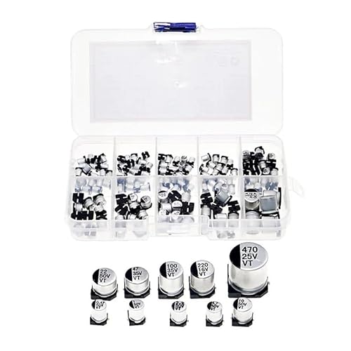 145Pcs 10 Values SMD 0.47 to 470uF 16V 25V 35V 50V Electrolytic Capacitor Assortment Kit For Electronic DIY Pack Capacitance Meters 145Pcs 10 Values SMD 0.47 to 470uF 16V 25V 35V 50V Electrolytic Capacitor Assortment Kit For Electronic DIY Pack Capacitance Meters von SLXWSXZE