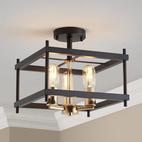 Saint Mossi Vintage Semi Flush Mount Ceiling Light Fixture, Square Shape, 3-Lights Farmhouse Design, L31cm x W31cm x H24cm, Perfect for Living Space, Matte Black & Shiny Gold Metal Frame von SM Saint Mossi