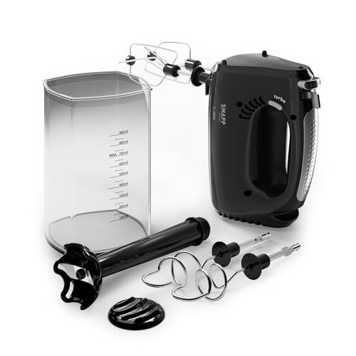 SMAPP 451.5 Handmixer, 580W, Shwarz Küchenmixer, 5 Geschwindigkeiten + Turbo Boost, inkl. 2 Rührbesen + 2 Knethaken Edelstahl + Pürierstab + 900 ml Messbecher von SMAPP