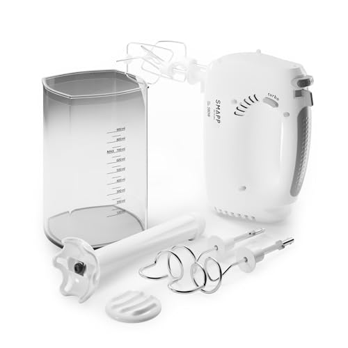 SMAPP 451.5 Handmixer, 580W, Weiß Küchenmixer, 5 Geschwindigkeiten + Turbo Boost, inkl. 2 Rührbesen + 2 Knethaken Edelstahl + Pürierstab + 900 ml Messbecher von SMAPP