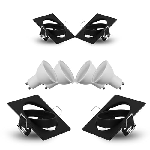 4x GU10 Einbaustrahler Set einstellbar Ø50mm Quadrat schwarz Farbe gebürstet Deckenstrahler Ø82x82mm Für LED & Halogen + 10W Glühbirne, neutrale Lichtfarbe (4er Set + Leuchtmittel schwarz) von SMART LED