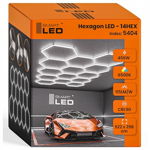 Hexagon LED Deckenlampe 522x298 cm – 24er Set Werkstattbeleuchtung 192W 22080 Lumen – 6500K Tageslichtweiß – IP54 flimmerfrei – LED Garagenbeleuchtung für Auto, Studio, Tattoo, Detailing von SMART LED