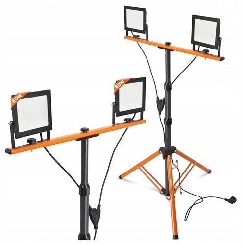 SmartLED Baustrahler Arbeitsstrahler mit Stativ 2x50W, LED Strahler 2x5500 Lumen, 1,60 m Einstellbar Teleskopisch, 360° Grad Drehung, 180 cm Kabel, IP65, kompakt und leicht (2x 50W 11000lm) von SMART LED