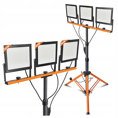 SmartLED Baustrahler Arbeitsstrahler mit Stativ 3x100W, LED Strahler 3x11000 Lumen, 1,60 m Einstellbar Teleskopisch, 360° Grad Drehung, 180 cm Kabel, IP65, kompakt und leicht (3x 100W 33000lm) von SMART LED